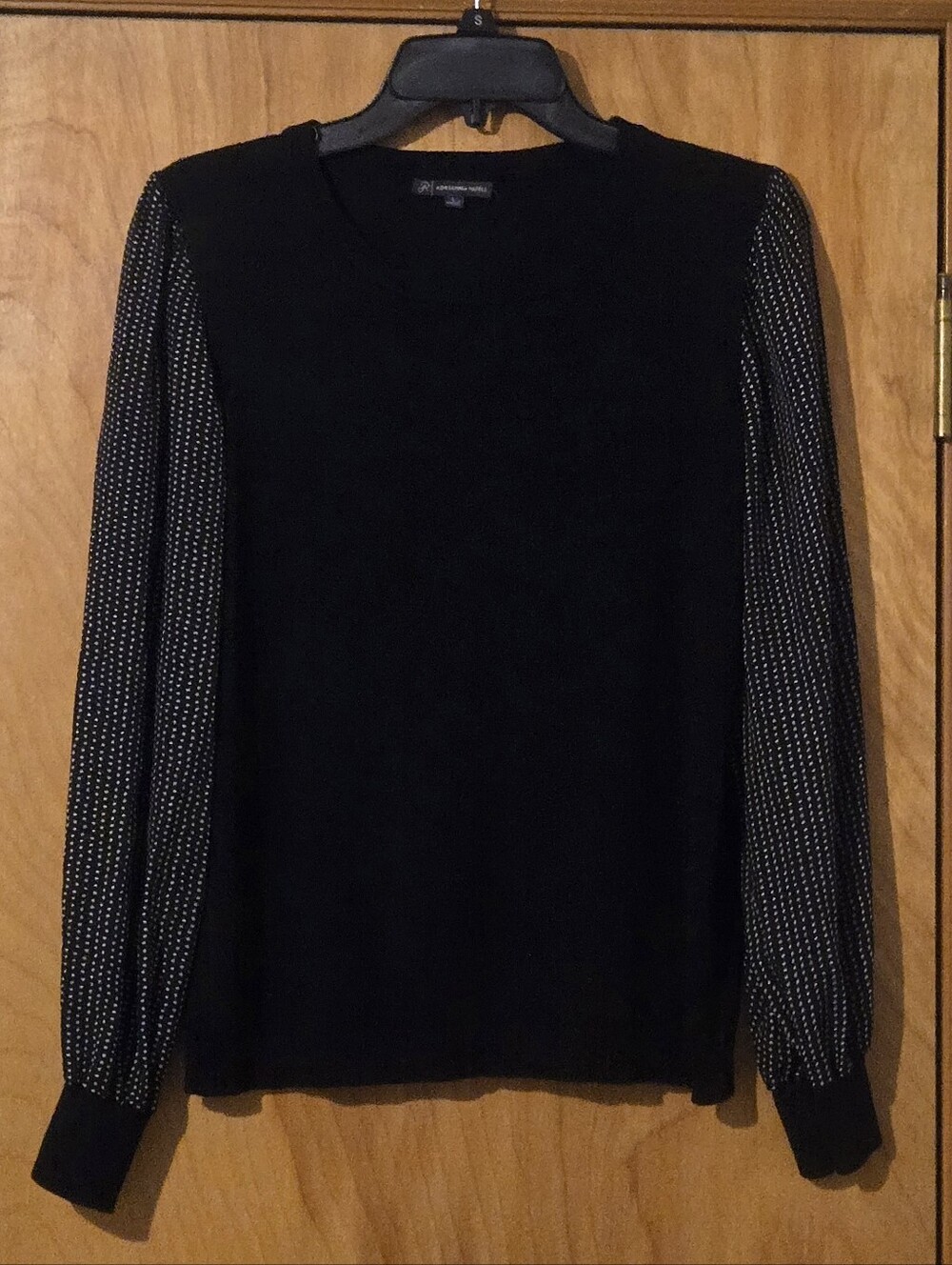 Adrianna Papell Black Crewneck Sweater with Dot-Patterned Sleeves Size L